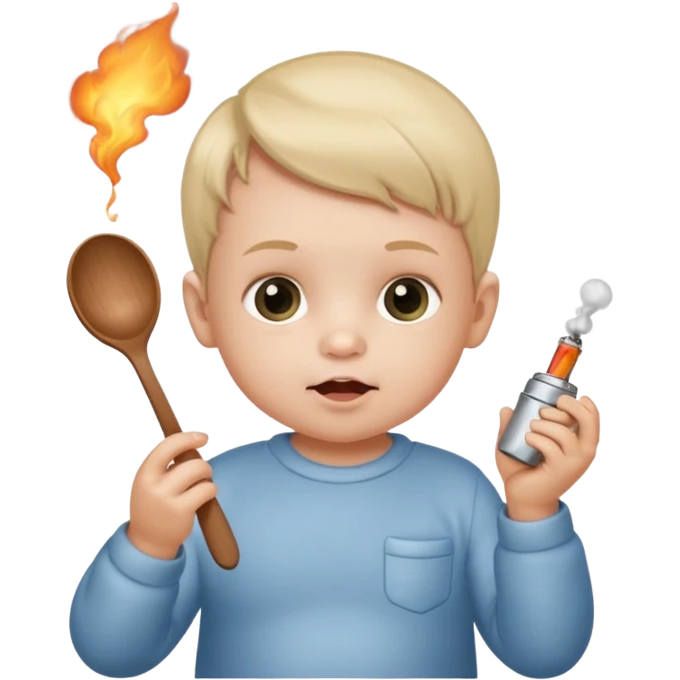 Baby with a spoon in one hand and lighter in the other with smoke coming off the spoon.  emoji