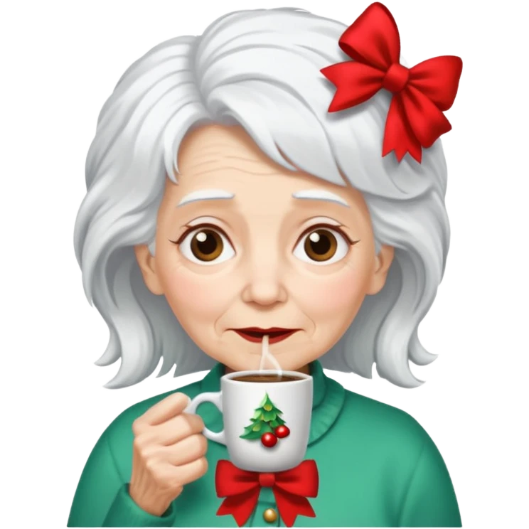 Old lady with crazy hair and christmas bow drinking coffee emoji