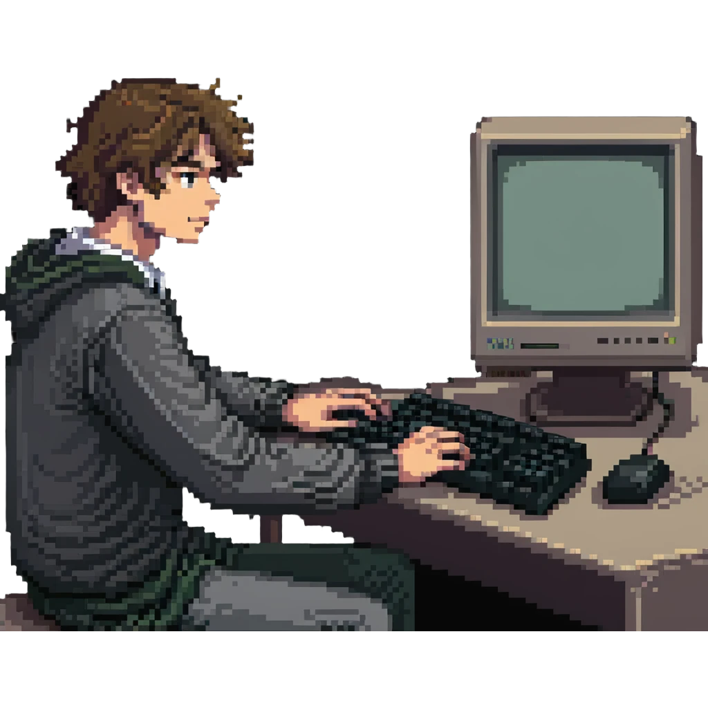 Young man sitting at an old school desktop computer with large monitor and keyboard emoji