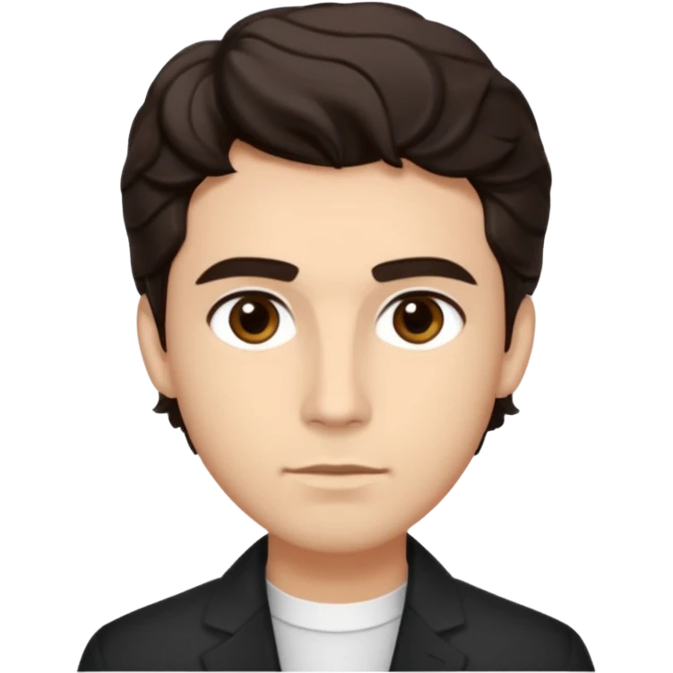He’s a man with light to medium skin, a defined oval face, full brows, deep-set eyes, and wavy short dark brown tall tall hair styled with height, sides are trimmed. expression calm and focused relaxed black open-collar .polished, articulate, and coach vibe. emoji