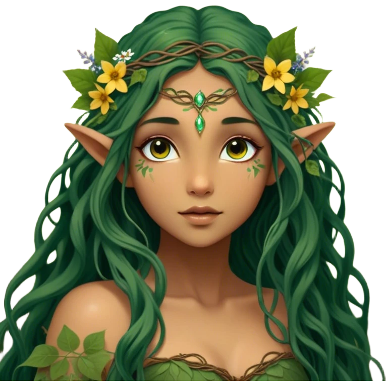 Cinematic Realistic Forest Nymph Fairy Portrait, depicted with lifelike, sun-kissed tanned skin that radiates an earthy glow, softly illuminated by natural, dappled light. Her long, flowing dark green hair is intricately detailed and interwoven with delicate vines and wildflowers, while her deep, soulful eyes mirror the wisdom of the forest. Dressed in an attire inspired by nature’s palette—with subtle botanical motifs—the portrait exudes a soft, enchanted glow that melds realism with woodland magic showing her large butterfly wings from her back. emoji
