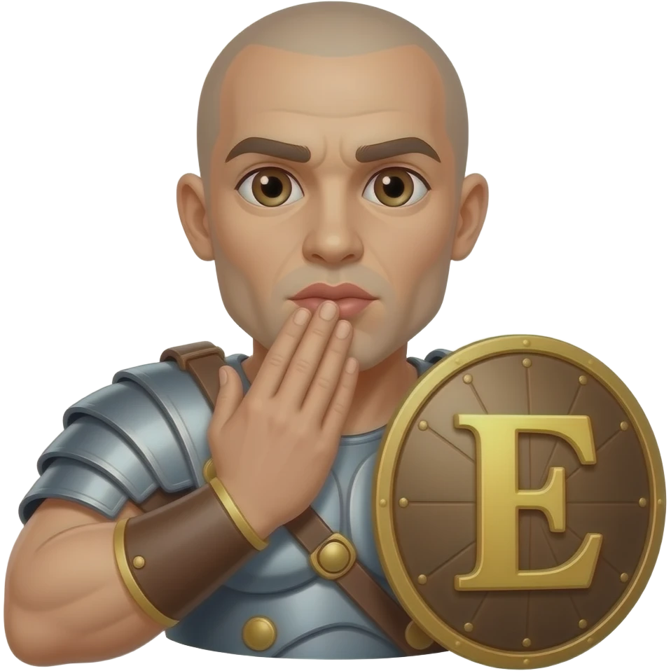 Muscular Roman soldier bald with brown eyes blowing a kiss the Letter E on the shield emoji