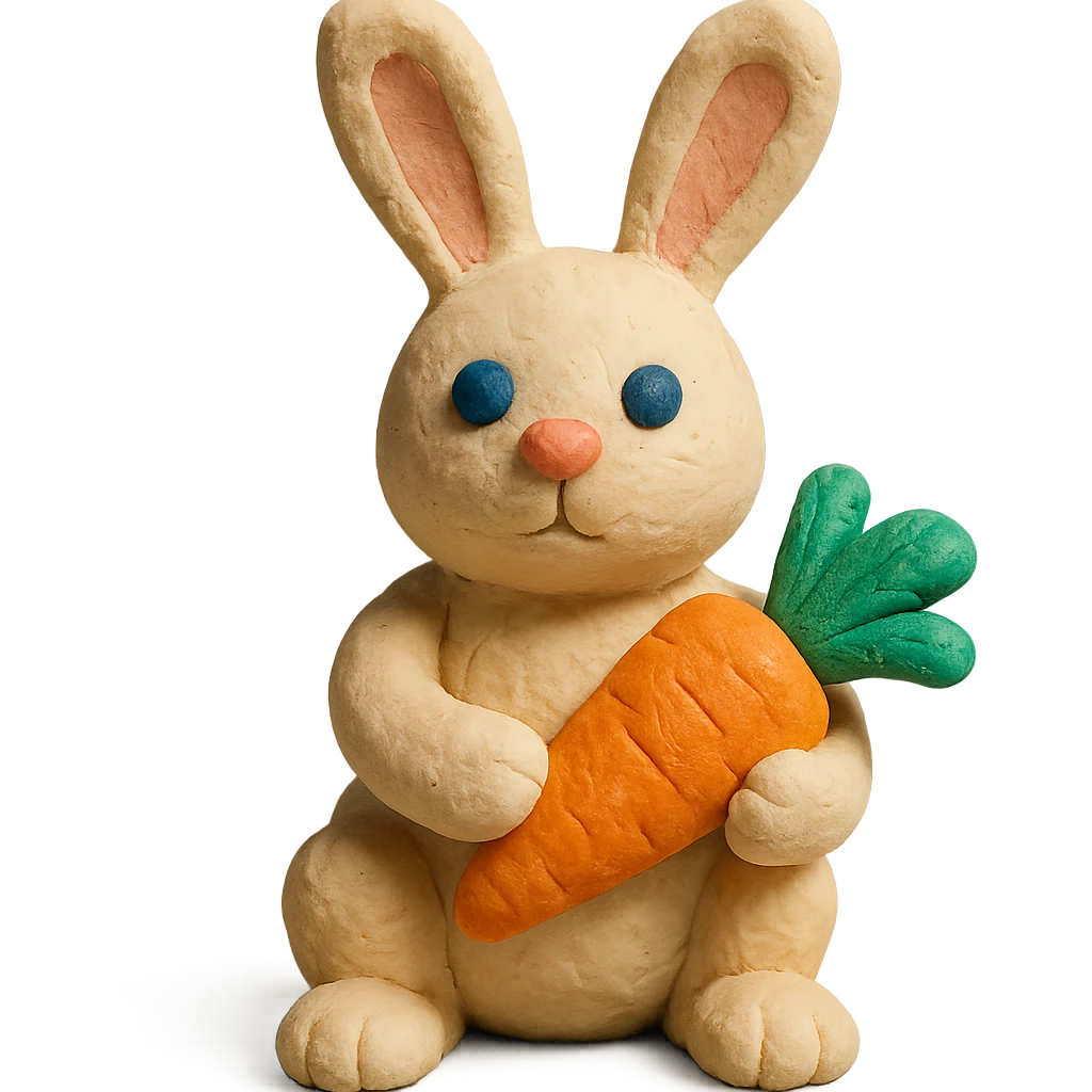 rabbit holding a carrot, soft lighting, textured look, vibrant colors, claymation style emoji