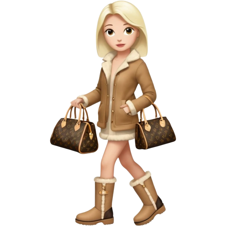Woman standing with a luxury LV handbag wearing UGG boots.  emoji