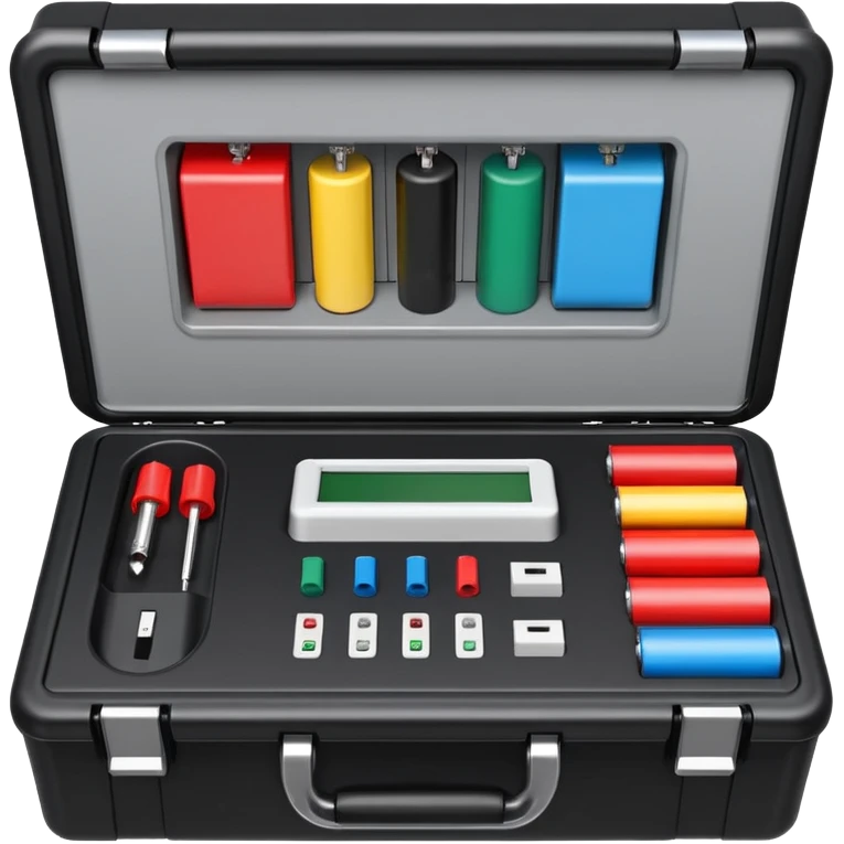An open black hard-shell test case, inside: technical control panel, a power outlet, USB port, and colored test sockets. A large roll of white test labels lies next to the equipment, along with one red test probe. emoji