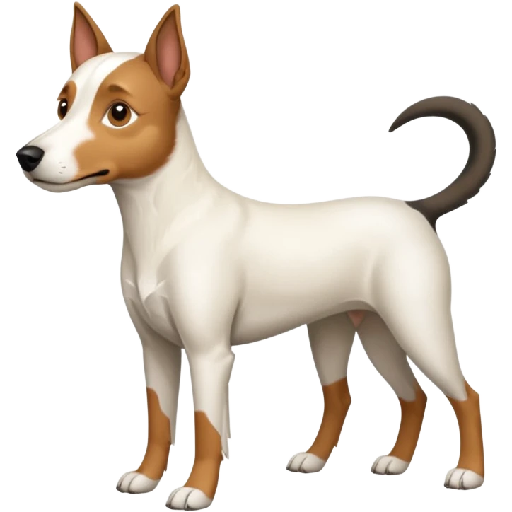 a full body large white parson russell looking dog the size of a kelpie with light brown flapped down ears and a light brown patch on one eye and a large snout emoji