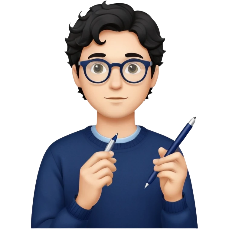 Young caucasian man with black wavy hair, round glasses, navy blue sweater, holding a pen, designer emoji