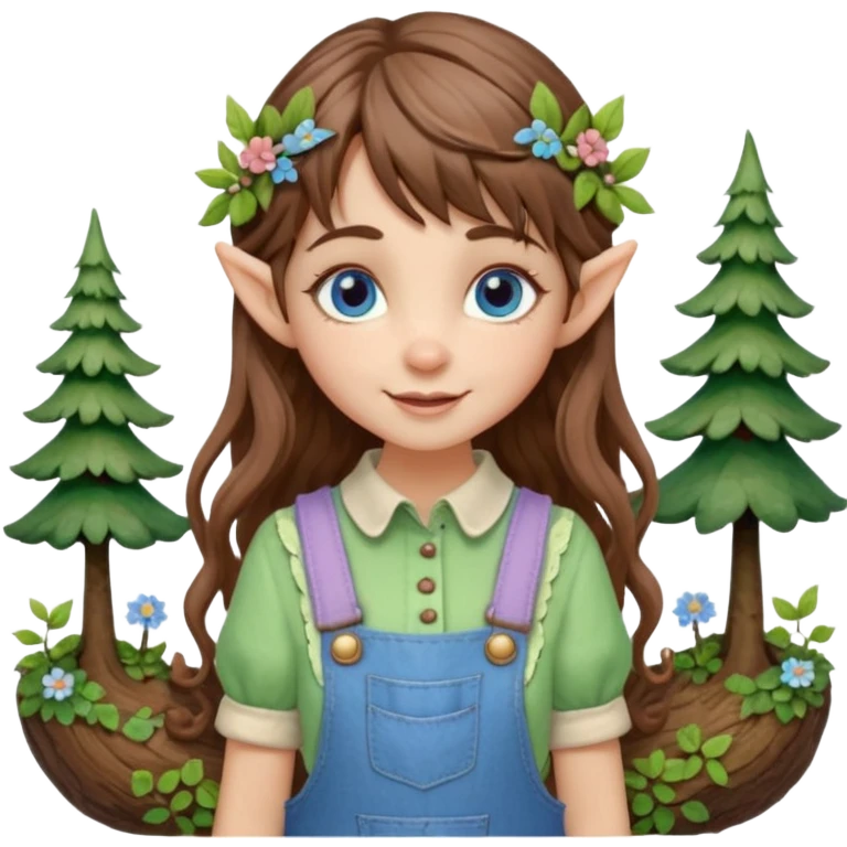 Kind happy whimsical quirky Girl toymaker, wood carving elf. Woodland nature creator. Blue eyes. brown hair (just below chin length) wavy hair & bangs. Whimsical playful cute. Overalls with nature embroidered cute shirt collar. Light green, light purple and light blue colour aesthetic  emoji