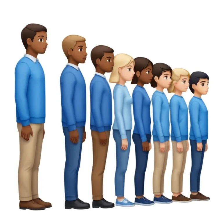 A line of people standing in profile, one behind the other, blue background emoji