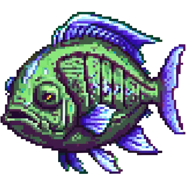 zombie fish, decayed fins, green and purple hues, cartoonish emoji