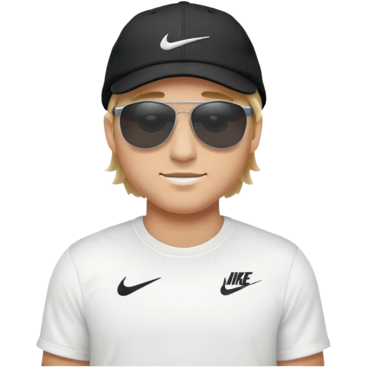 A guy wearing a white Nike shirt, a black Nike cap, and Juliet sunglasses. emoji