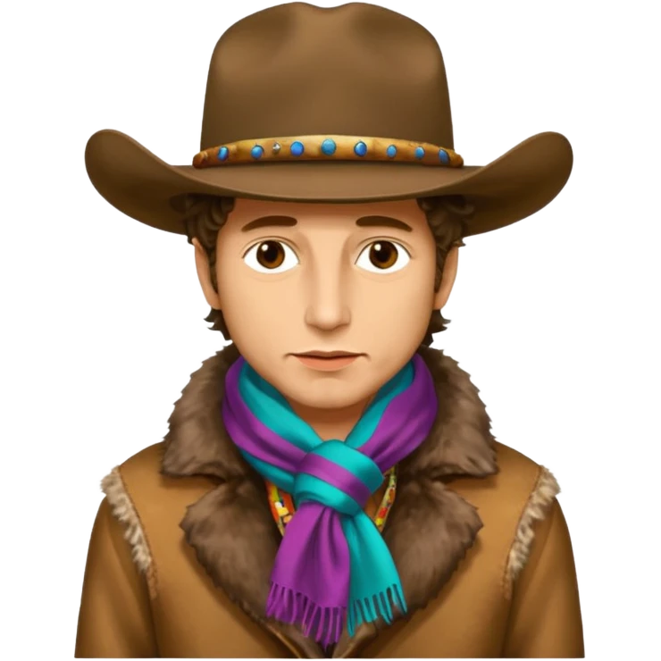 realistic cinematic Bob Dylan profile portrait with dirty cowboy hat on head and colorful silk scarf around neck, fur coat - Desire album cover emoji