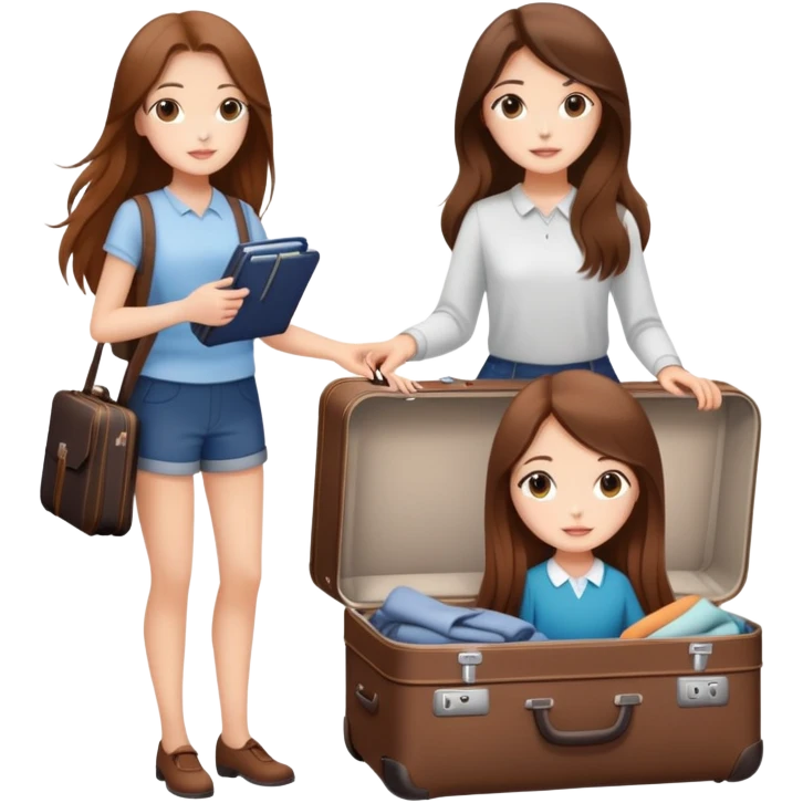 Two beautiful girls with long brown hair packing a suitcase,clean girl aesthetic emoji