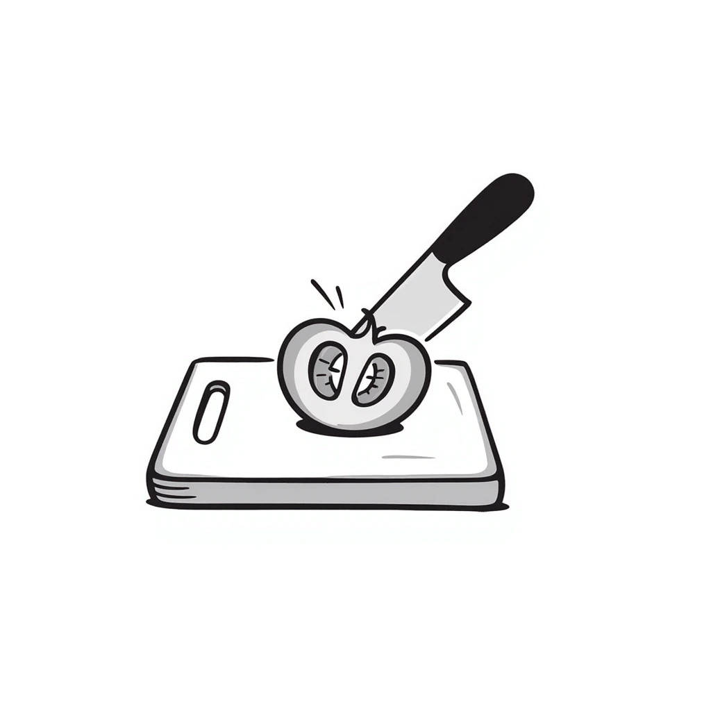hand-drawn kitchen knife cutting a fresh tomato on cutting board emoji
