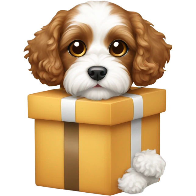 Brown and white cavapoo and gift box emoji