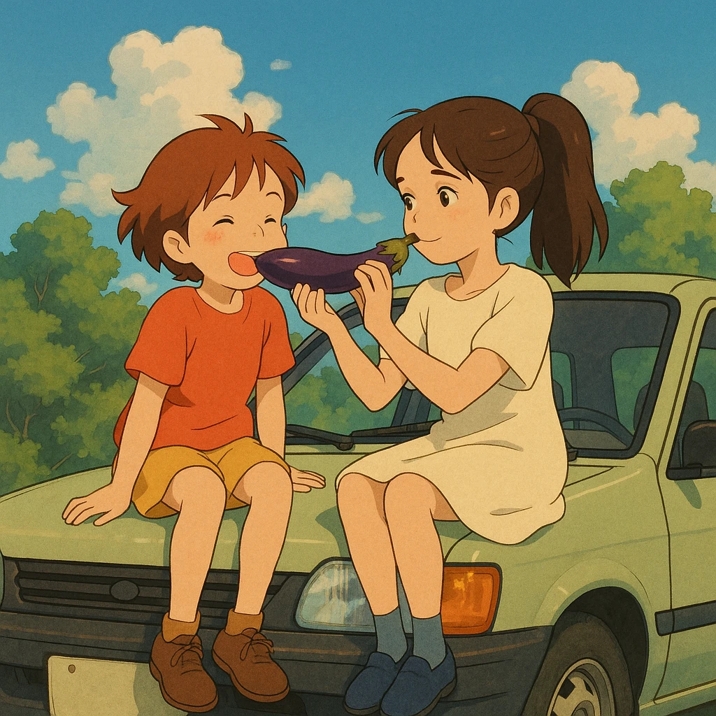 two girls eating an aubergine on the hood of a car, ghibli-inspired style emoji