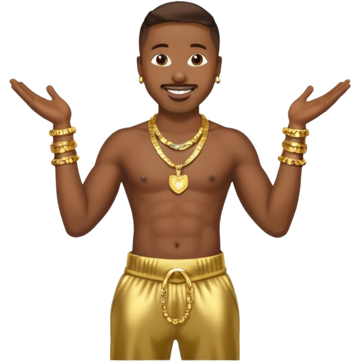 MC Hammer with dark brown hair, shirtless with necklace, metallic gold harem pants  emoji