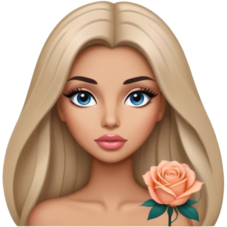 Glamours, tanned, very beautiful girl, with big pump peach-beige-rose lips, long long lashes, black straight smooth silky long hair, straight parting hair, blue-grey eyes emoji