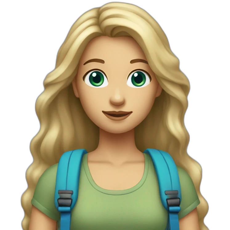 a girl with long dirty blonde hair and bright blue eyes wearing a tube top and sage green backpack emoji