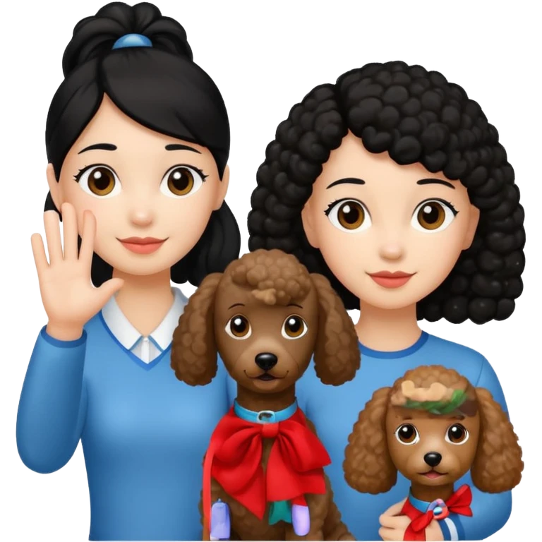 Ponytail black hair girl with brown Poodle say goodbye  emoji