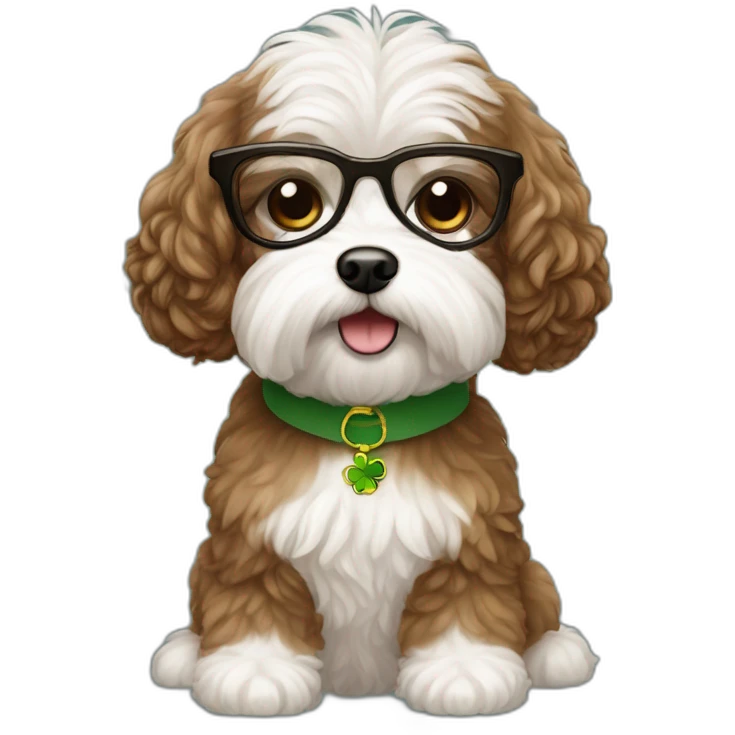 Long straight brown hair, eyeglassed irish girl with white maltipoo emoji