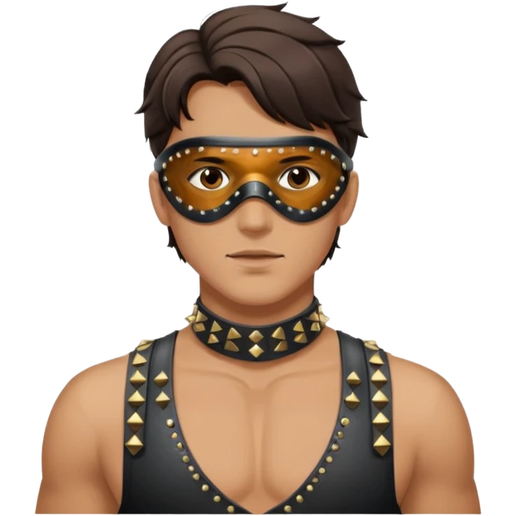 brunette man with leather eye mask and leather halter neck blouse emoji