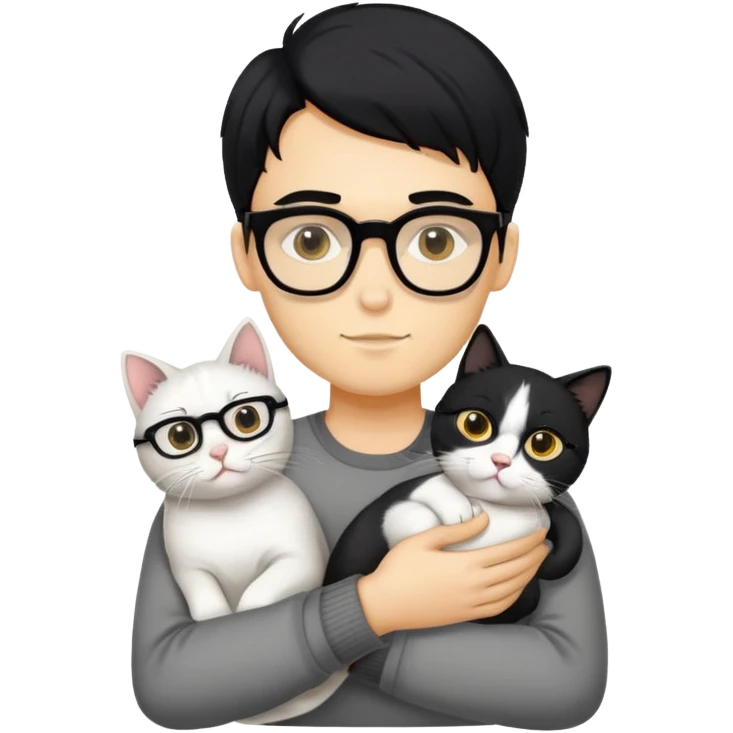 A young man with a long face and warm yellow-toned skin, black hair, wearing a pair of black glasses, cradling a grayish-white cat emoji