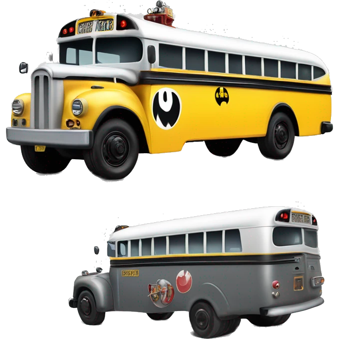 Side view shiny Graphite colored Batman’s 1956 accessorized ghost busters school bus emoji