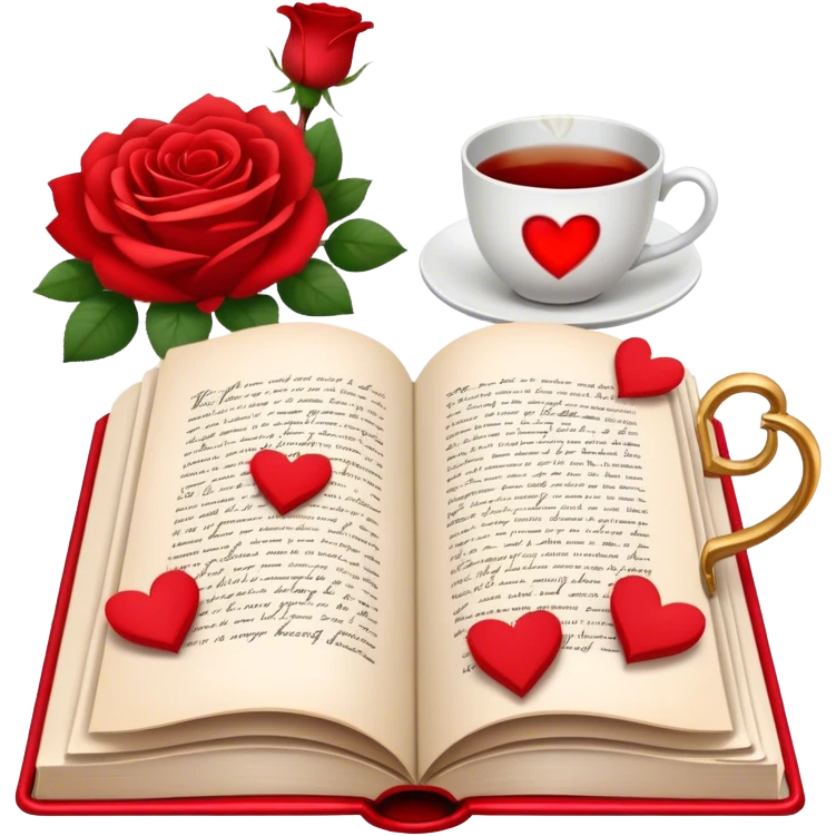 Icon for Romance Reading: an open book with a heart-shaped bookmark, surrounded by roses, a love letter, and a cup of tea, with small hearts and Cupid with bow and arrows flying out of the pages. Transparent background. emoji