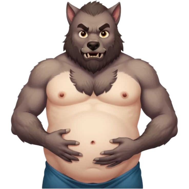 A shirtless pregnant burly male werewolf holding his pregnant belly, he has plump moobs and lactating nipples  emoji
