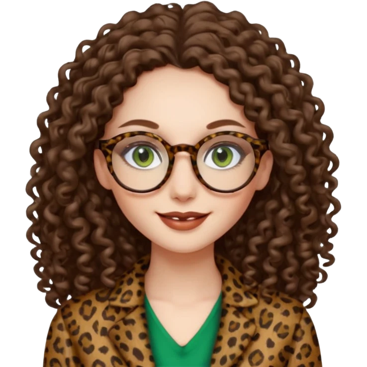 a green eyed woman with very very long brunette curly hair, full lips,and pale skin. She is wearing a leopard printed thin round-ish glasses . She is wearing fully brown clothes. She is gretting smiling emoji