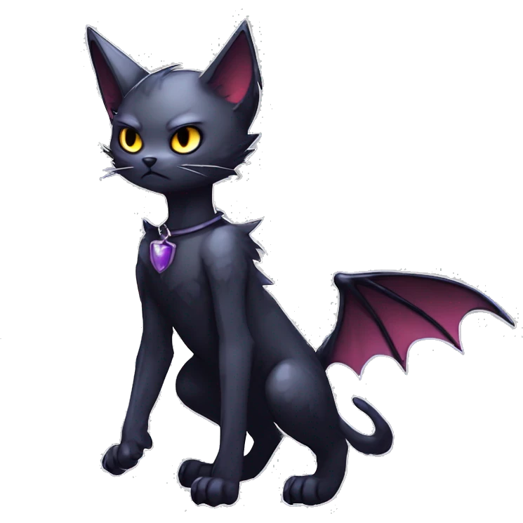   cool edgy beautiful anime-style ethereal dark-punk-themed animal vampiric cat-hybrid Fakemon with fangs and bat-wing-ears with a collar full body emoji