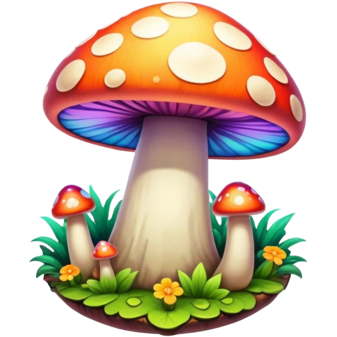 A round psychedelic colored button with bezeled edges and colorful hippie style mushrooms emoji