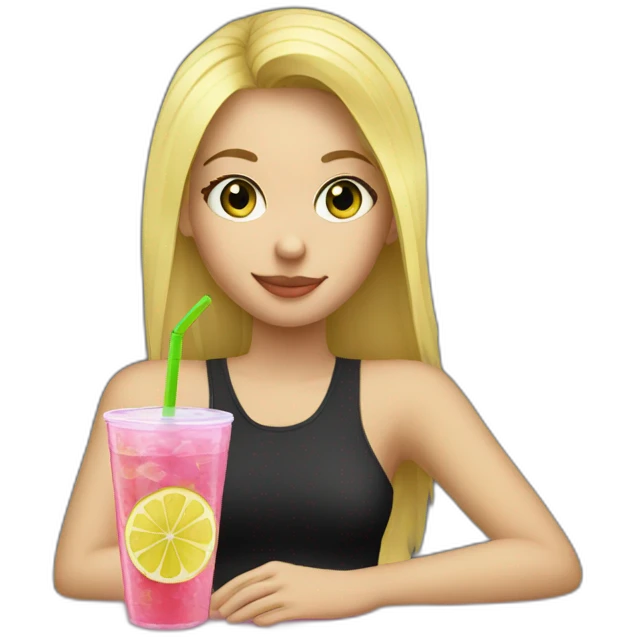 blonde girl straw drinking pink lemonade with one green lemon in the cup, with black watch black t shirt emoji