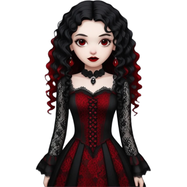 A girl with a red goth vampire look in a black and red goth lace dress with long sleeves and long black curly hair  emoji