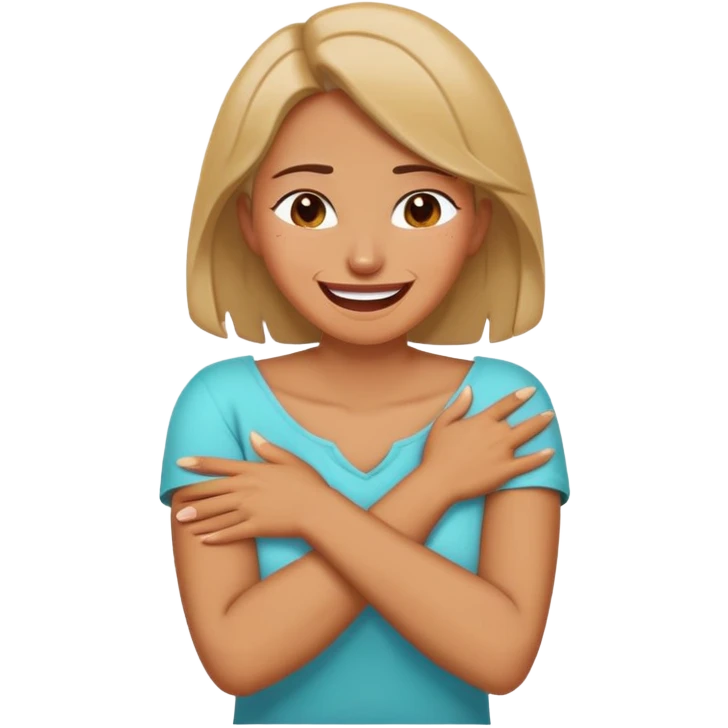 A woman having her arms crossed hands around neck and laughing/cryong emoji