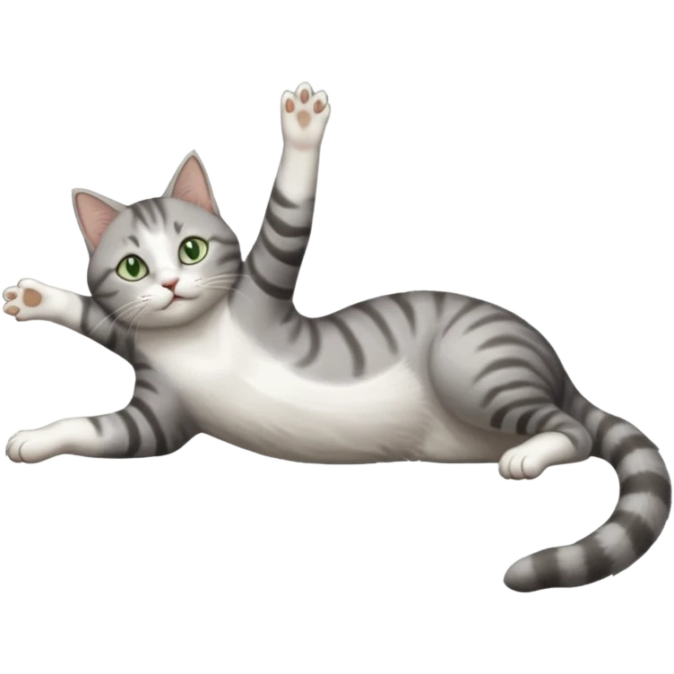 grey and white cat with green eyes doing a big extremely long stretch reaching up into the air with arms and legs side by side together straight and overextended whilst lying on its side emoji