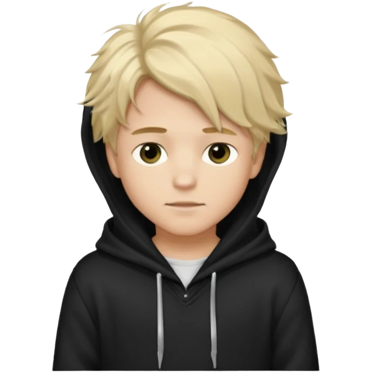 Create a look for a blond boy with long, tousled hair, light eyes, a white sweater, a wealthy appearance, blue eyes, and the hair to the side + black pajama fluffy + hood black emoji