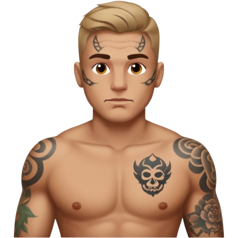 tattoo man, white skintone,tattoos on face, more visible, bulky man with tattos on his chest. emoji