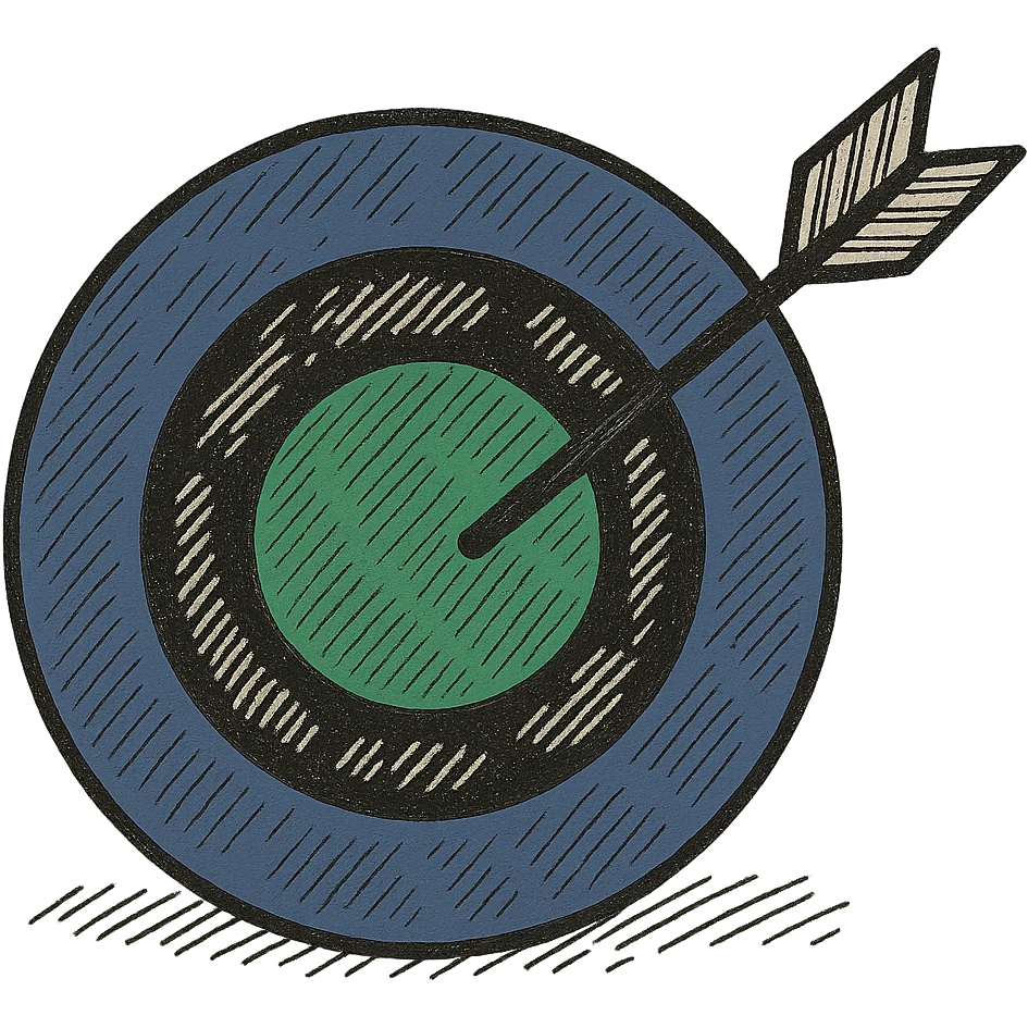 A target with navy rings and a vibrant green bullseye, with an arrow, doodle style emoji
