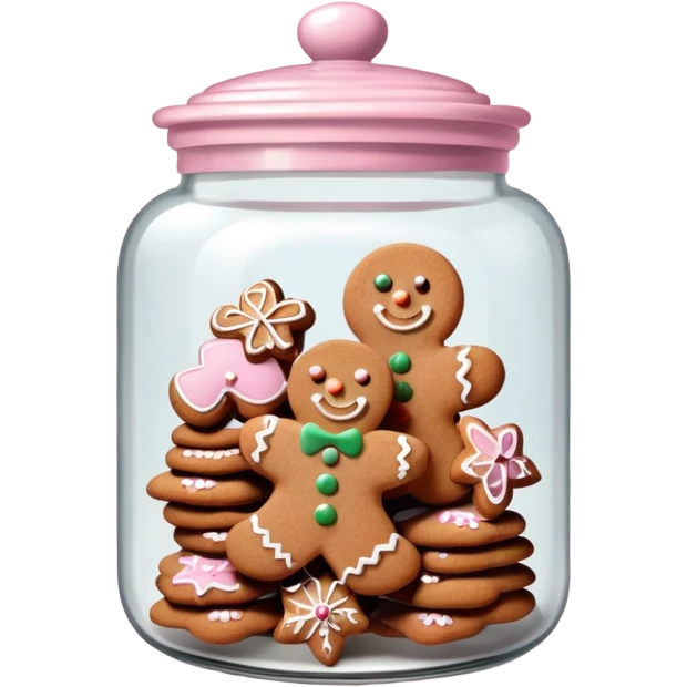 Realistic glass cookie jar with light pink lid full of gingerbread cookies isolated.  emoji