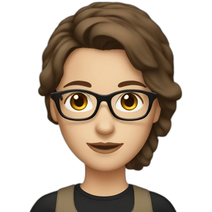 A White woman with medium dark brown hair wearing a brown glasses and black t-shirt emoji