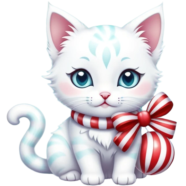 A snowy white kitten with glittery eyes, wearing a peppermint-striped bow, surrounded by sugarplums, fairy lights, and snowflakes.  emoji