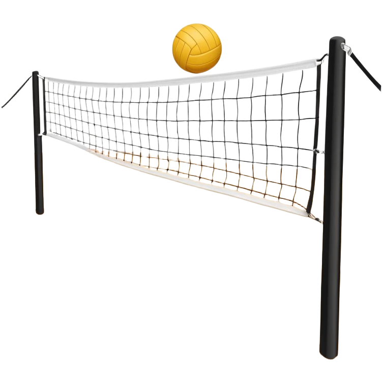 A close-up volleyball net with a ball hovering above it, set against the backdrop of a sandy volleyball court. The scene highlights the tension of an impending play, with the court lines clearly visible and a bright, sunny atmosphere surrounding the action. emoji