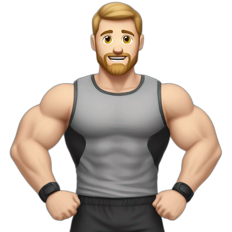 Close up Actively gesturing  with hands Pale skinned Fit Man With the biceps and brown hair in dark gray Sleeveless Mike, black oversize sports shorts, watch and white Sneakers emoji
