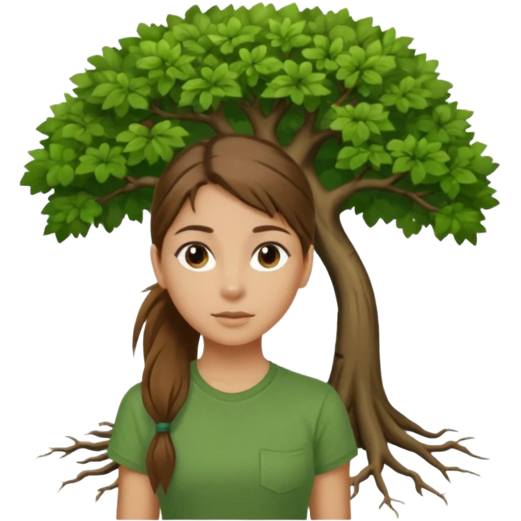 Make a zumba coach emoji, brown eyes, brown hair girl, green shirt withe "the roots" on it, longer pony tail hair, add the tree logo for the roots remove tree from background emoji