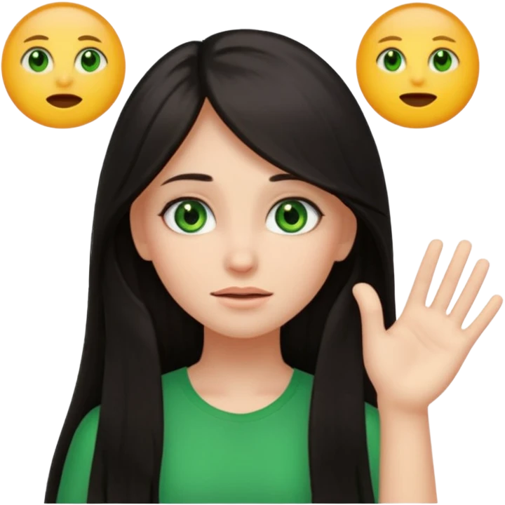 Animated girl dark long hair green eyes emoji with duh facial expression ,one hand on top of her head emoji