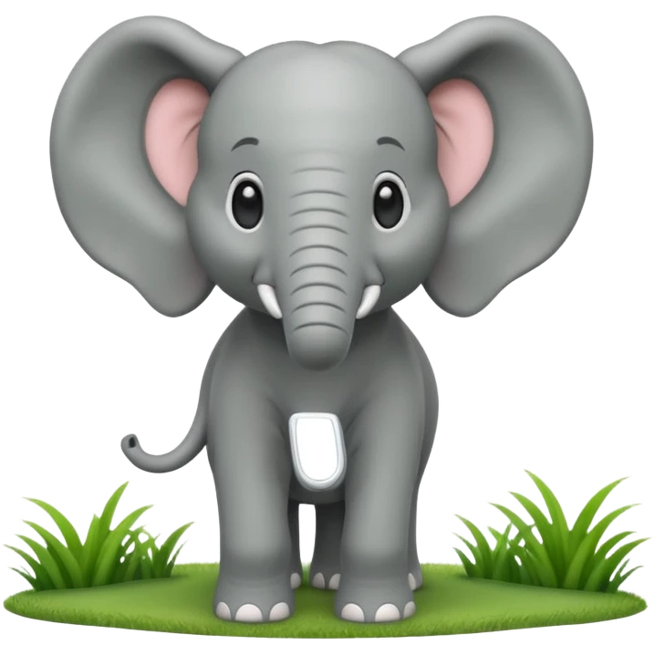 A large 3D cartoon elephant standing on green grass, smooth gray skin, big ears, curved trunk raised slightly, gentle smile, bright natural sunlight, Memoji-style. emoji