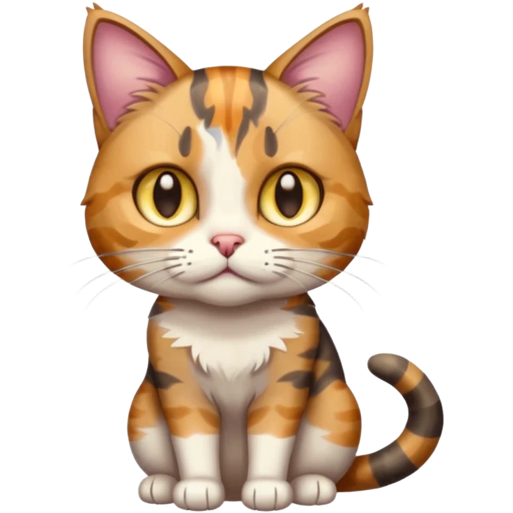 full body anxious looking colourful light calico tabby cat with hazel eyes and patchy brown tabby sections of fur emoji