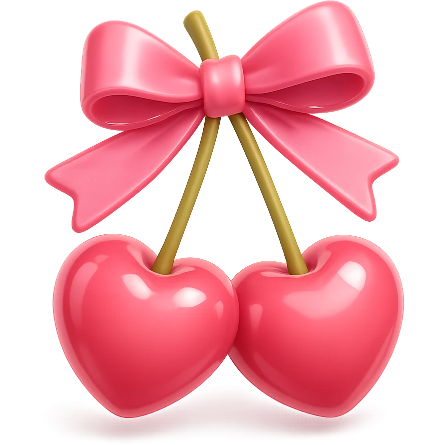 Create a 3D iOS-style illustration of two pink cherries with a pink bow. The cherries and bow should be extra shiny and reflective, with a subtle shadow. The background should be removed. emoji